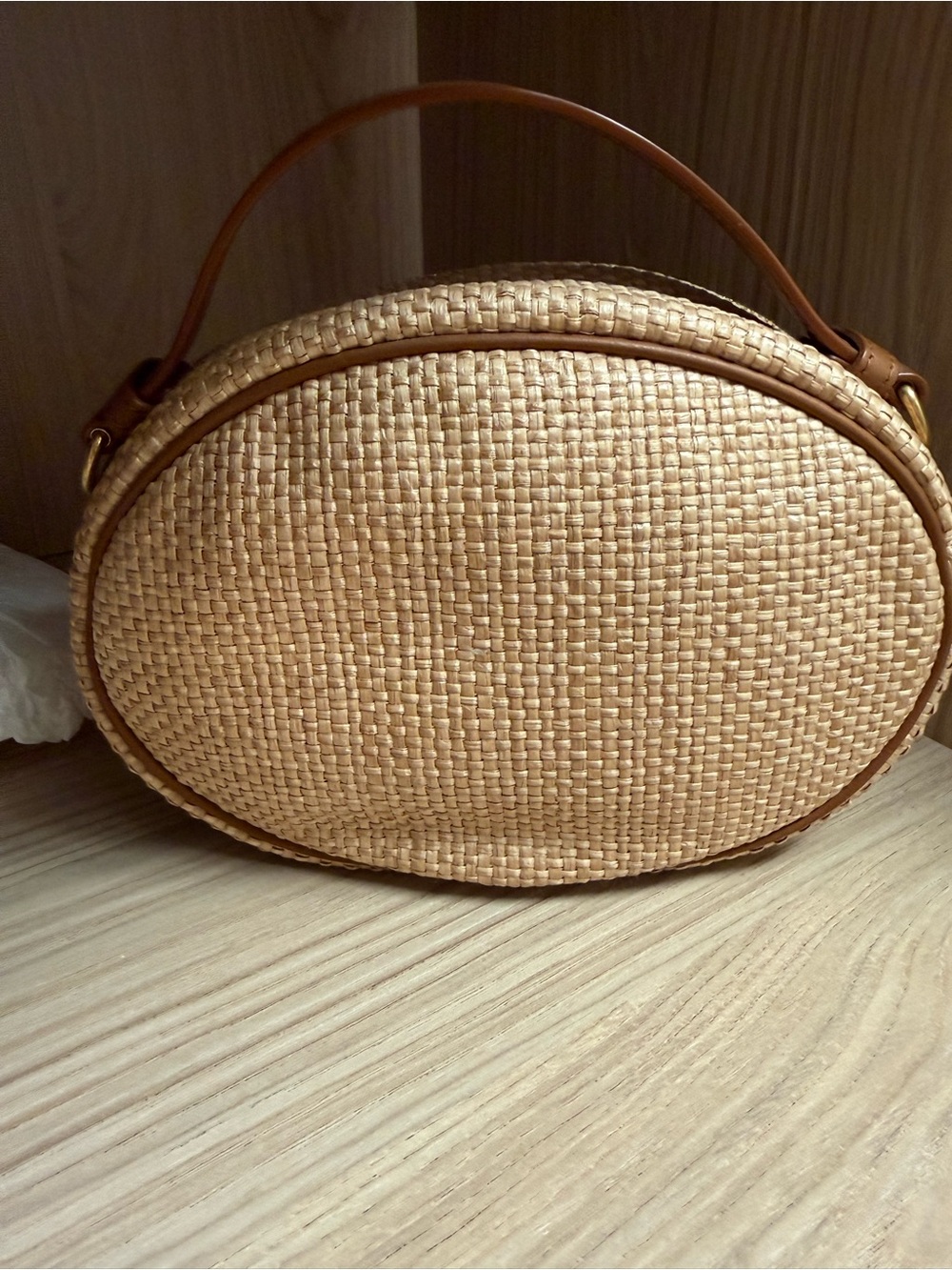 Yves Saint Laurent Cassandre Raffia Oval Bag with Leather Trim - Picture 5 of 8